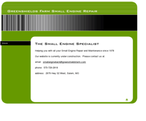 greenshieldsfarm.com: Greenshields Farm Small Engine Repair <meta name="google-site-verification" content="fqRz8wvGvFeVJaL2Tr-fvyEcJhIYM2exN94KE_gUV20" />
Expert Service for most brands of lawn and graden equipment, chain saws, and Construction Equipment(compressors, generators, pumps, and compactors) in Salem, Missouri. I am a Master Service Technician with 32 Years of experience. How may I help you?