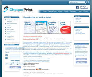 chequeprint.ca: Cheques A.S.A.P., Business Cheques, Custom Cheques, Canadian Cheques, Alberta, British Columbia, Ontario, Saskatchewan, Manitoba, Quebec - Cheque Print Solutions Inc.
We print business cheques - quick and easy online secure ordering, affordable, on time for laser business cheques designed for printing on all accounting software, or order your manual handwritten business cheques.