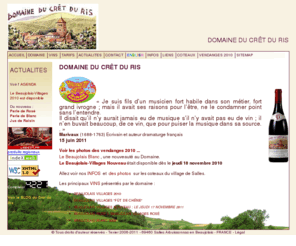 cret-du-ris.com: Votre Beaujolais-Villages en direct du Crêt du
Ris, Beaujolais-Villages Nouveau, Beaujolais Rosé Beaujolais
Blanc, produits par Cyril PUGET viticulteur-récoltant
à Salles-Arbuissonnas en Beaujolais
Réservez votre Beaujolais-Villages chez Cyril PUGET vigneron à Salles Arbuissonnas en Beaujolais - tél :  33(0)4 74 67 51 21 