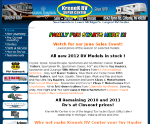 krenekrv.com: Krenek RV Super Center : Michigan RV Dealer : RV Rentals : RV Service : RV Parts : Travel Trailer : Toy Hauler : 5th wheel : pop up : Vans
 wholsale prices, worldwide shipping, leading brands on sale everyday,
Leading kalamazoo Michigan RV dealers for over 31 years.  Discount fifth wheel, motorhome,
trailer trailer, tent camper and toy hauler RVs. 