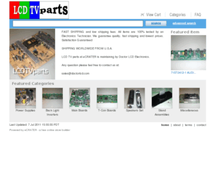 lcdtvparts.net: lcdtvparts.net | TV Parts: LCD TVs parts, TV parts store
TV parts, lg TV parts, Toshiba TV parts, lcd TV parts, Sony TV parts, vizio TV parts, Samsung TV parts, sharp tv parts TV Parts, LCD parts, plasma parts, replacement boards, replacement TV parts, TV replacement parts, spare TV parts, lcdtvparts.net