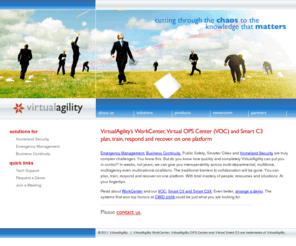 agileworkplace.com: VirtualAgility OPS Center Portals and WorkCenters, User-Optimized for Interoperability, Coordination & Business Continuity
VirtualAgility gives you interoperability across multiforce, multiagency even multinational coalitions for Emergency Management, Business Continuity, and Homeland Security. You can plan, train, respond and recover on one platform, with total mastery of people, resources and situations.