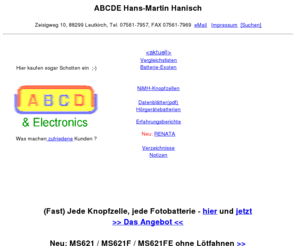 abcde.de: ABCDE Knopfzellen / Fotobatterien Home
Online-Shop : ABCDE Knopfzellen / Fotobatterien