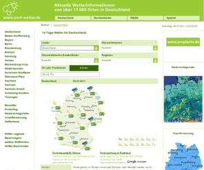 profi-wetter.de: Wetter Deutschland - Wettervorhersage für Deutschland
Profi-Wettervorhersage und aktuelle Wetterwerte für über 17.000 Städte in Deutschland, Niederschlagsradar, Wettertrend, Biowetter, Regionenwetter und Wassertemperaturen.