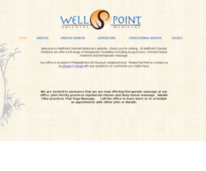 wellpointom.com: WellPoint Oriental Medicine
Wellpoint Oriental Medicine serves the Philadelphia area.  We offer a full range of therapies including: acupuncture, Chinese herbal medicine, cupping, moxa and therapeutic massage