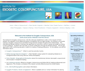 colorpuncture.org: Institute for Esogetic Colorpuncture, USA - Home
Esogetic Colorpuncture, USA offering light therapy and Kirlian photography as taught by Peter Mandel.