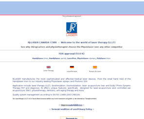 rj-laser-canada.com: Laser therapy, Canadaian laser devices, LLLT, softlaser, acupuncture, laserpuncture, biostimulation, ear acupuncture, Ohrakupuntur 
RJ-LASER Canada: laser therapy, medical laser devices, soft laser, laser stimulation, LLLT, biostimulation, acupuncture, laserpuncture - NOGIER wound healing. 
