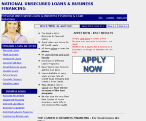 nationalunsecured.com: Personal & Signature Loans Unsecured | Business Loans and Financing - Good To Bad Credit
We offer unsecured signature, small business or personal loan with all credit types including bad credit loans equipment leasing, accounts receivable loans, sba, start ups,as well as cheap auto insurance quotes, life insurance for over 50s, home and health with National Unsecured - Call now to get pre approved.