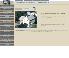 irethapartments.com: About Us
Ireth, LLC Apartments Apartments in an owner managed building in Lambertville, New Jersey. Located on the Delaware river, Lambertville is a quaint town offering an easy commute to NYC via bus or train. 