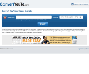 convertyouto.com: Convert Youtube to Mp3 - and just about anything else!
Convert youtube videos into high quality mp3 music files. Also convert videos to almost any other video or audio format. Just a few clicks and you're done