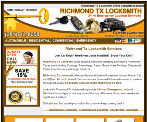 richmondtxlocksmith.com: Richmond Tx Locksmith Lost Car Keys Automobile Locksmith Commercial Lock Repair Residential Locksmith Servicesking Emergency Lockouts Richmond Tx Locksmith
Richmond Tx Locksmith auto locksmith commercial lost keys lock repair residential locksmith services emergency lockouts Richmond Tx Locksmith.  Lost car keys transponder vat chip car keys pop-a-lock services car lockouts office keys new keys made in Richmond Tx.