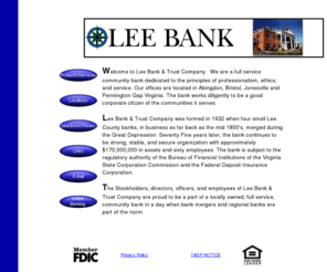 lbtc.com: Lee Bank & Trust Company
Welcome to Lee Bank & Trust Company located in Pennington Gap, Virginia.