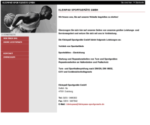 kleinpass-sportgeraete.de: Kleinpaß Sportgeräte GmbH
Sportgeräteservice Sportstätten - Einrichtung Wartung und Reparaturarbeiten von Turn und Sportgeräten Hallenböden und Prallschutz