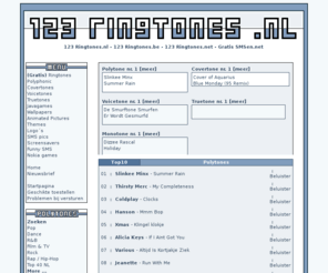 123ringtones.nl: 123 ringtones .nl - gratis ringtones, nokia ringtones, free ringtones, polyphonic ringtones
3400  premium ringtones ,  500  gratis ringtones ,  10400  logo's ,  7700  SMS afbeeldingen, voicemails, voicecards, songmails, funcards, blink logos