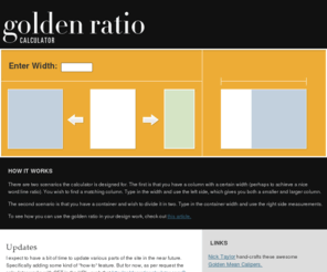 goldenratiocalculator.com: Golden Ratio Calculator
Golden Ratio Calculations for Designers