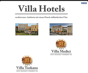 villa-hotels.info: Villa Hotels - Hotel Villa Toskana in Leimen - Hotel Villa Medici in Bad Schönborn
Das Hotel Villa Toskana verfügt über 12 Konferenz- und Veranstaltungsräume mit Tageslicht für bis zu 300 Personen. Durch individuelles Ambiente in unterschiedlichsten Raumgrößen bieten wir Ihnen für jede Art von Veranstaltung den idealen Rahmen. 
