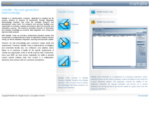 metabiology.info: metalife portal
Metalife is a bioinformatics company, dedicated to enabling the life science industry to improve its productivity through integrative bioknowledge solutions that cover the complete research and development value chain.