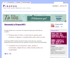 piropos.info: Piropos de amor, frases cortas, piropos para ligar, picantes, por email | Piropos
Frases cortas, poemas, dedicatorias, textos, refranes…