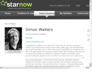 simonwalters.info: Welcome to www.simonwalters.info
Pianist and keyboardist gives you musical services not at all limited to score printing transposition  transcription, composing, arranging, and playing music of all styles Worth a look