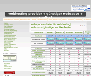 webspace-hoster.net: Webspace-Anbieter für Webhosting| Webhoster|Günstiger Confixx-Hoster
Webhoster|Webhosting Vergleich|Webspace Anbieter |Reseller Provider|
Günstig Confixx Webspace ohne Werbung| Hoster Angebote ab 1,89 Euro|unbegrenzter Traffic|