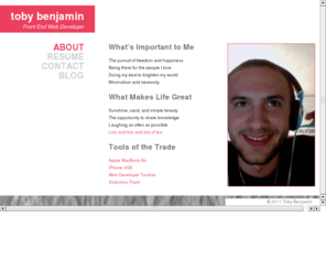 css-design-expert.com: About - toby benjamin - web designer / developer
Website designer / developer, specializing in HTML/CSS frameworks and development of Wordpress as a content management system.
