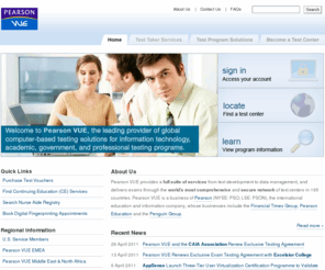 pearsonvue.biz: Computer-Based Testing Provider for Certification and Licensure Exams: Pearson VUE
Pearson VUE offers innovative computer-based testing solutions through secure, electronic test delivery. Pearson VUE provides licensure and certification exams for Cisco, CompTIA, Sun Microsystems - SAI, GMAC, NCLEX, FINRA, ASCP, DANB and many more.