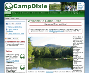 campdixie.org: Camp Dixie - Welcome to Camp Dixie
Camp Dixie is a summer camp in the Blue Ridge mountains of NE Georgia. Enrollment is limited to 70 campers to ensure every camper individual attention.