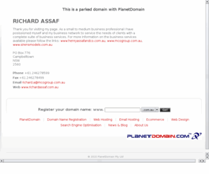richardassaf.net: RICHARD ASSAF
Domain name registration, web hosting, email, websites & marketing services for real people.  Netregistry is Australia’s most trusted online partner.