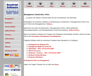 bauskript.de: Software: Bautagebuch, Baukosten und Honorar (HOAI).
Software für das Bautagebuch, die Baukosten- und Honorarermittlung (HOAI) und kostenlose Online-Rechner (Freeware).