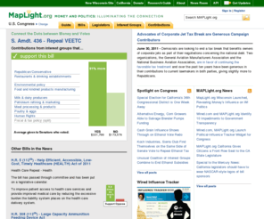 takebackus.net: U.S. Congress Campaign Contributions and Voting Database | MAPLight.org - Money and Politics
MAPLight.org U.S. Congress illuminates the connection between campaign contributions and legislative votes in unprecedented ways. Elected officials collect large sums of money to run their campaigns, and they often pay back campaign contributors with special access and favorable laws.