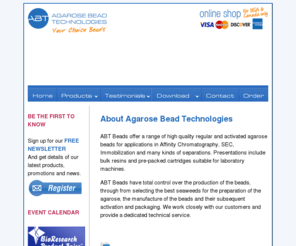 abtbeads.es: Agarose Bead Technologies: Affinity Chromatography and Gel Filtration Chromatography resins manufacturer
Agarose Beads for His-tag purification by affinity chromatography, affinity resins for Inmobilization of Biomolecules, Gel Filtration Chromatography