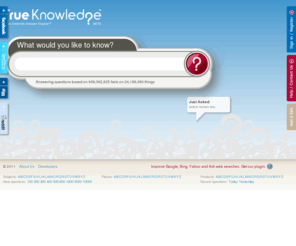 trueknowledge.com: True Knowledge - the internet answer engine
True Knowledge gives you direct answers to your questions, just as if you were talking to another human being. Answering questions based on 496 million facts on 16.7 million things.